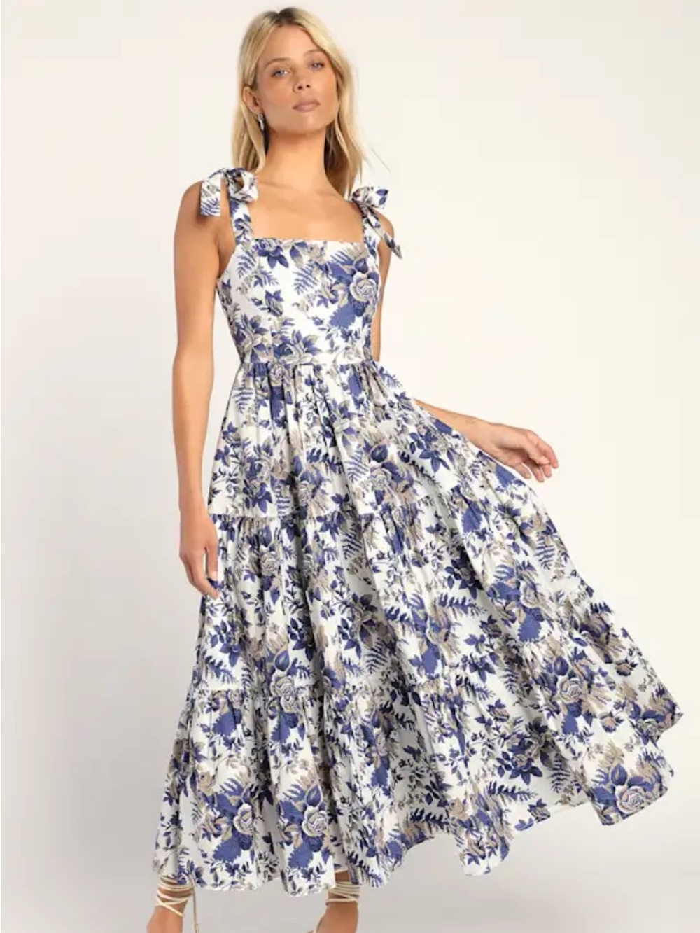 Lulu's Mallorca Memories White Floral Print Tiered Tie-Strap Maxi Dress